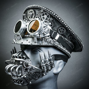 Metallic Silver Steampunk Captain Cap w/ Silver Robot Mask & Spike Goggles